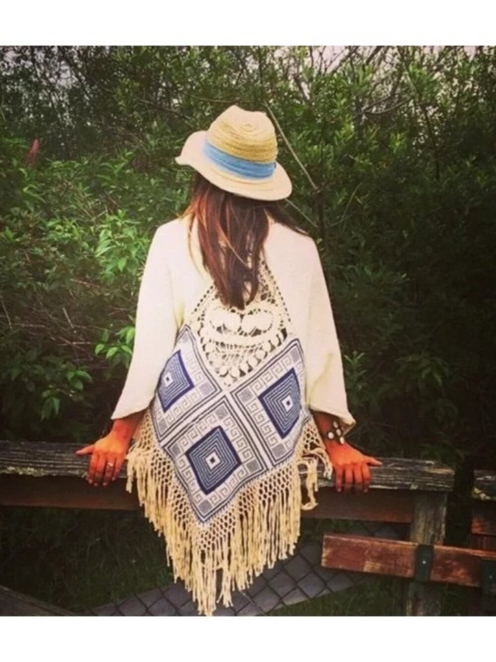 Anthropologie Maddison Angel Of The North Chapala Crochet Shawl Wrap Cream Blue